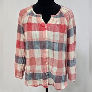 Lucky Brand women L plaid smock neck button front blouse, semi sheer, costal